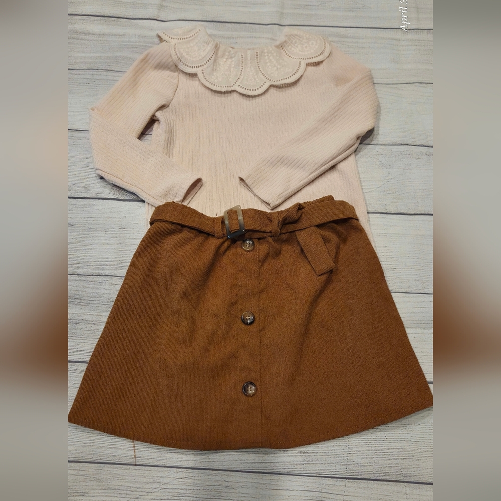 Girls 2 Piece Set Cream Top and Brown Skirt Set
